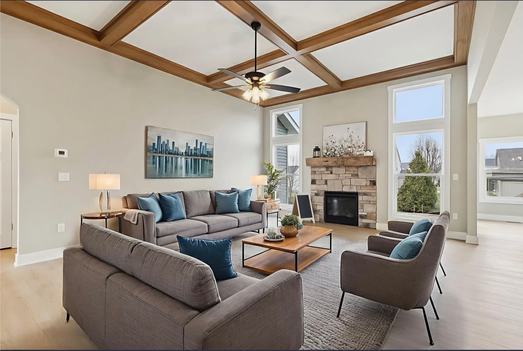 Living area with fireplace in a Henderson Homes build